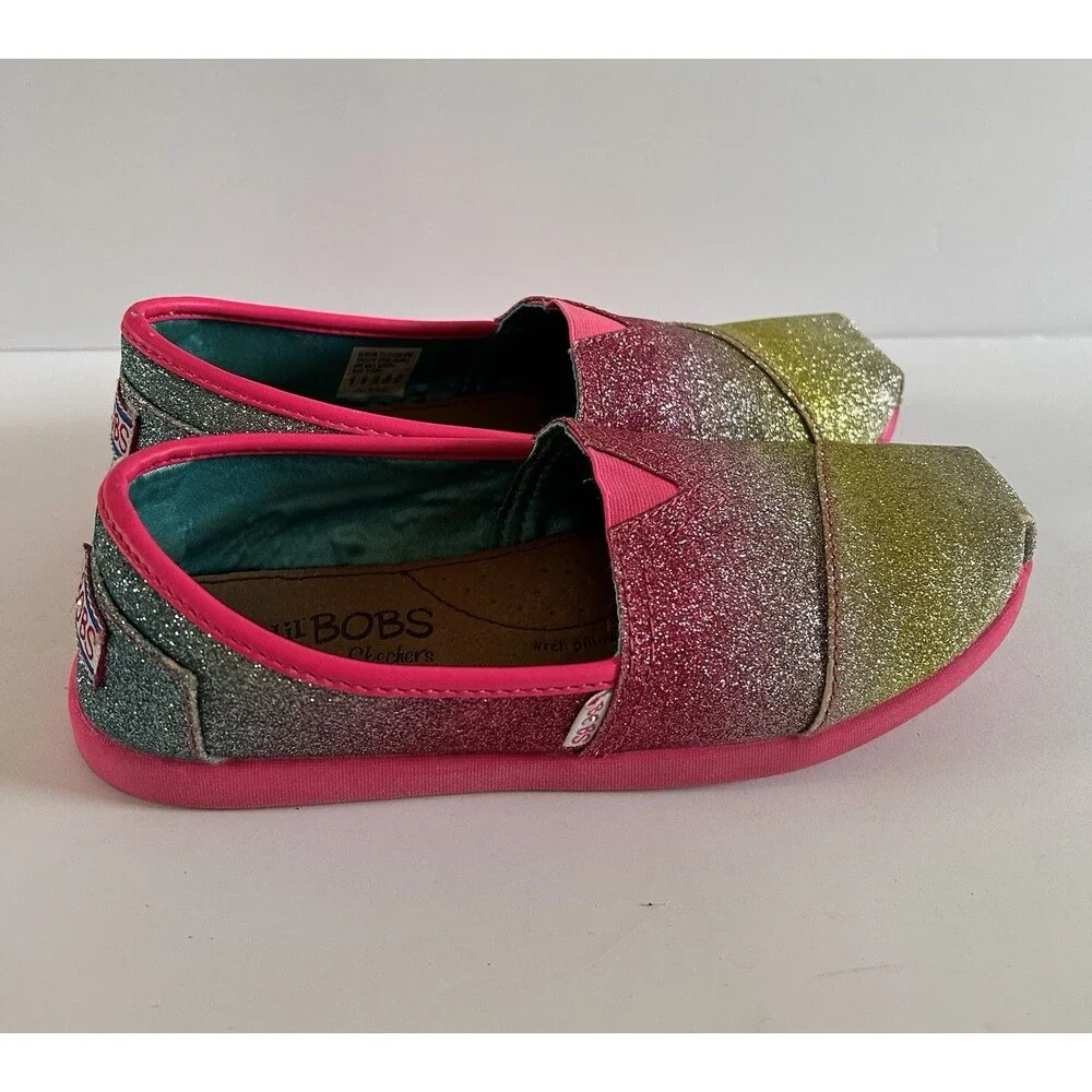 Skechers BOBS Glitter Bug Slip On Shoes Big Kid Sz 3 Sparkle Comfort Flats Pink